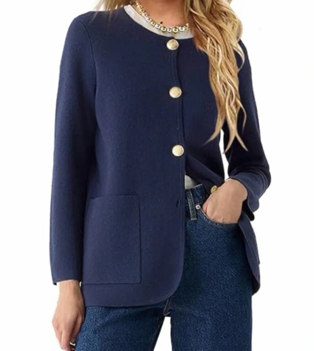 J.Crew Navy Jacket Cardigan Sweater Knit Gold Buttons Size LARGE Preppy Academia